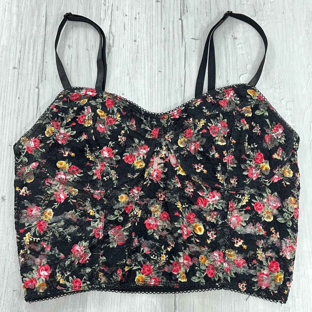 Nameless Black Floral Lace Adjustable Straps Lined Crop Top Shirt Medium